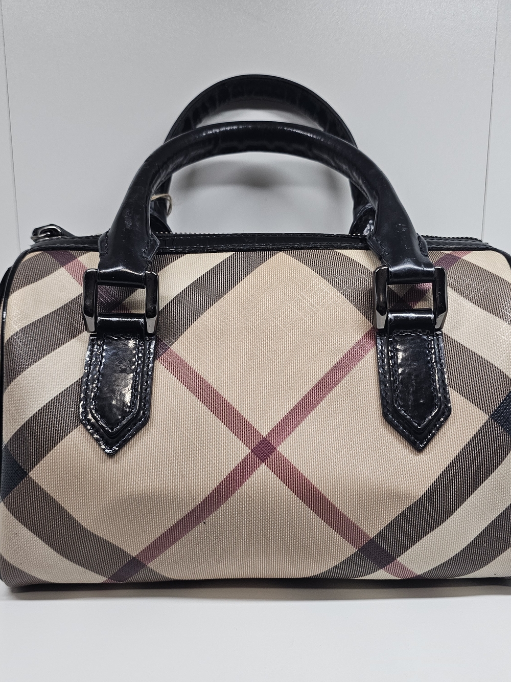 Burberry Beige Plaid Satchel with Black Patent Trim
